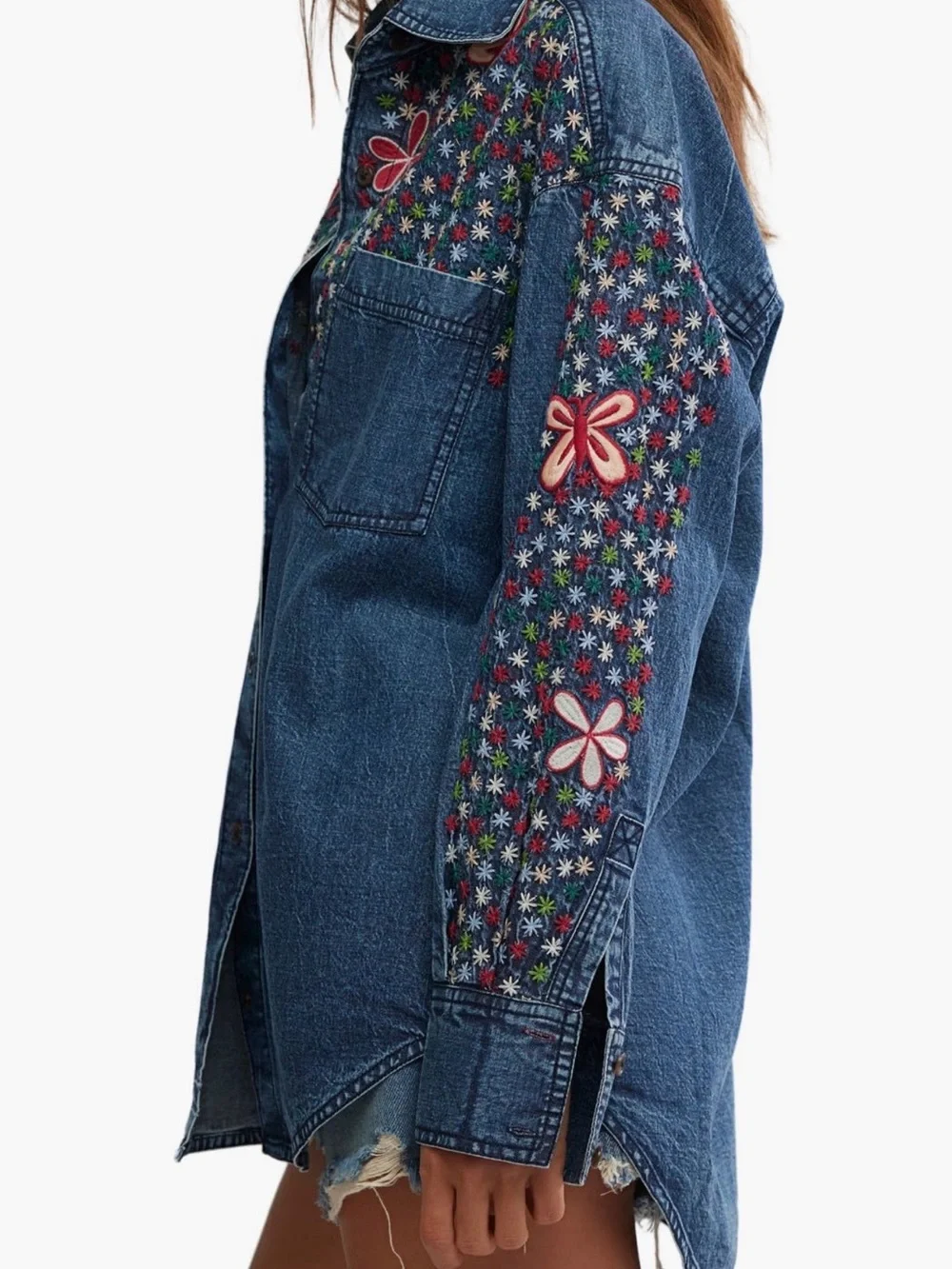 NWT Free People Denim Rainbow 🌈 Embroidered Button-Down Shirt, Size L